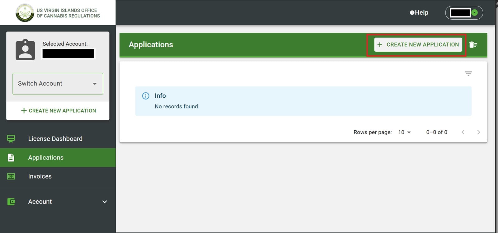 Applications page showing the Create New Application button