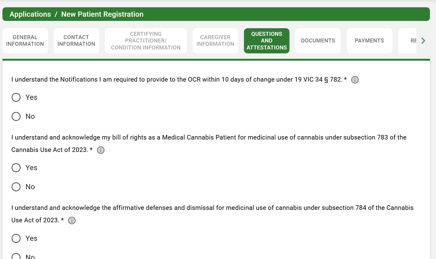 Questions and Attestations page