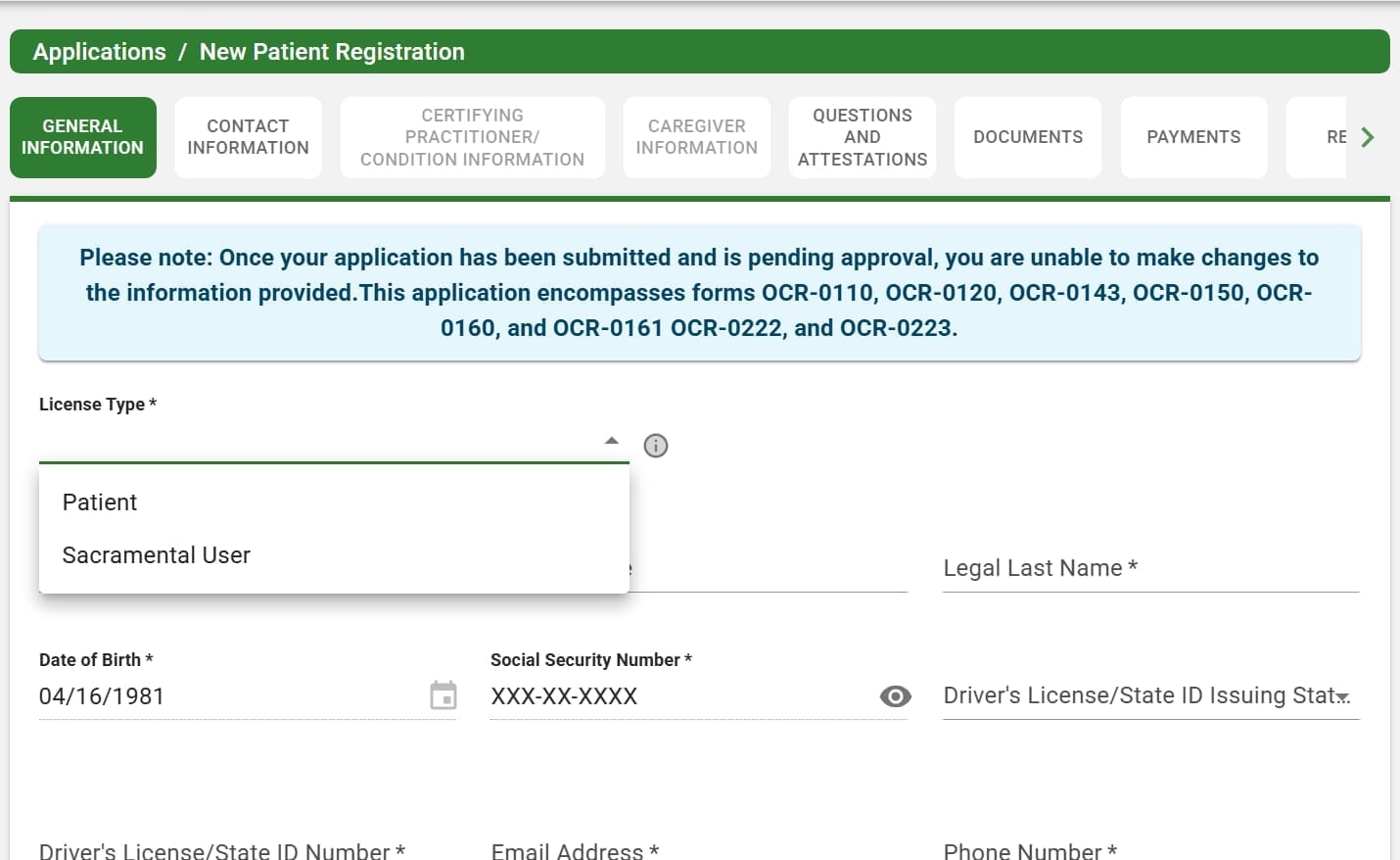 General Information form