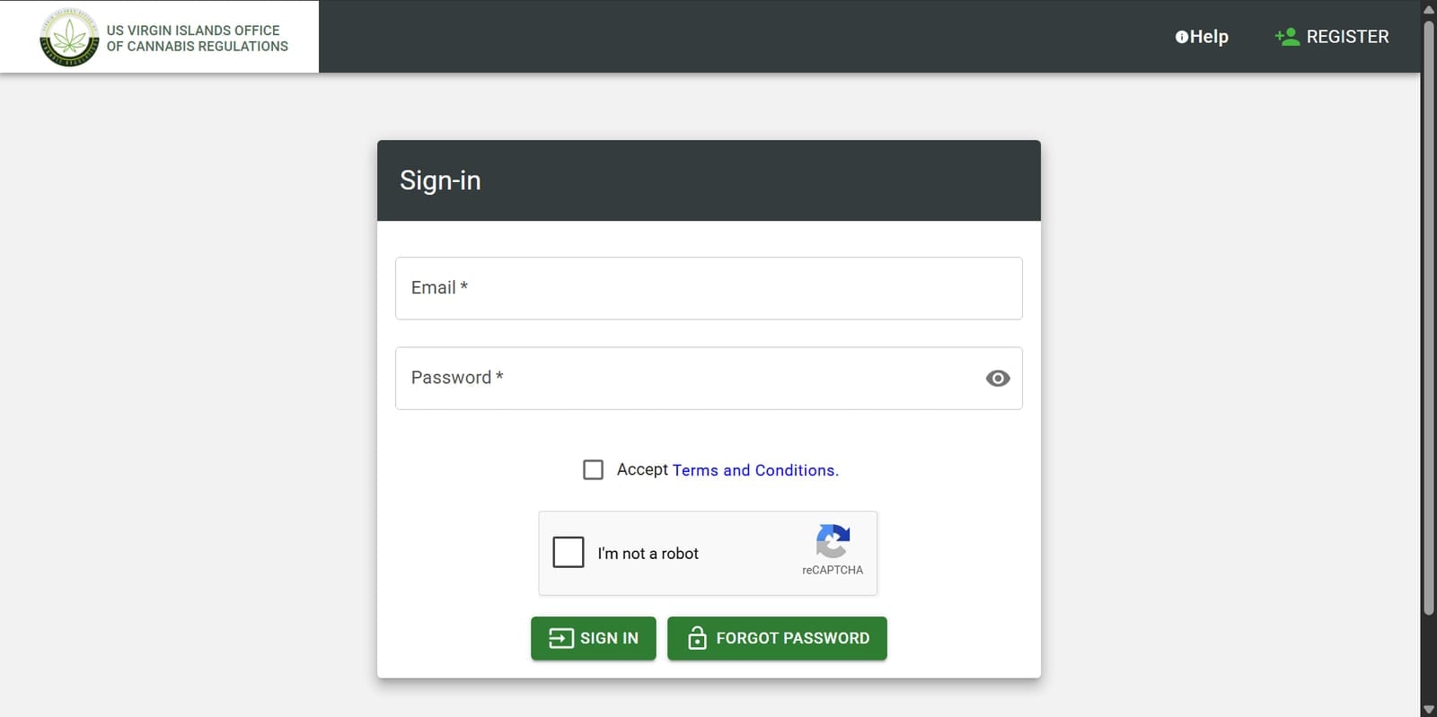 OCR portal login page with Register button in the top right