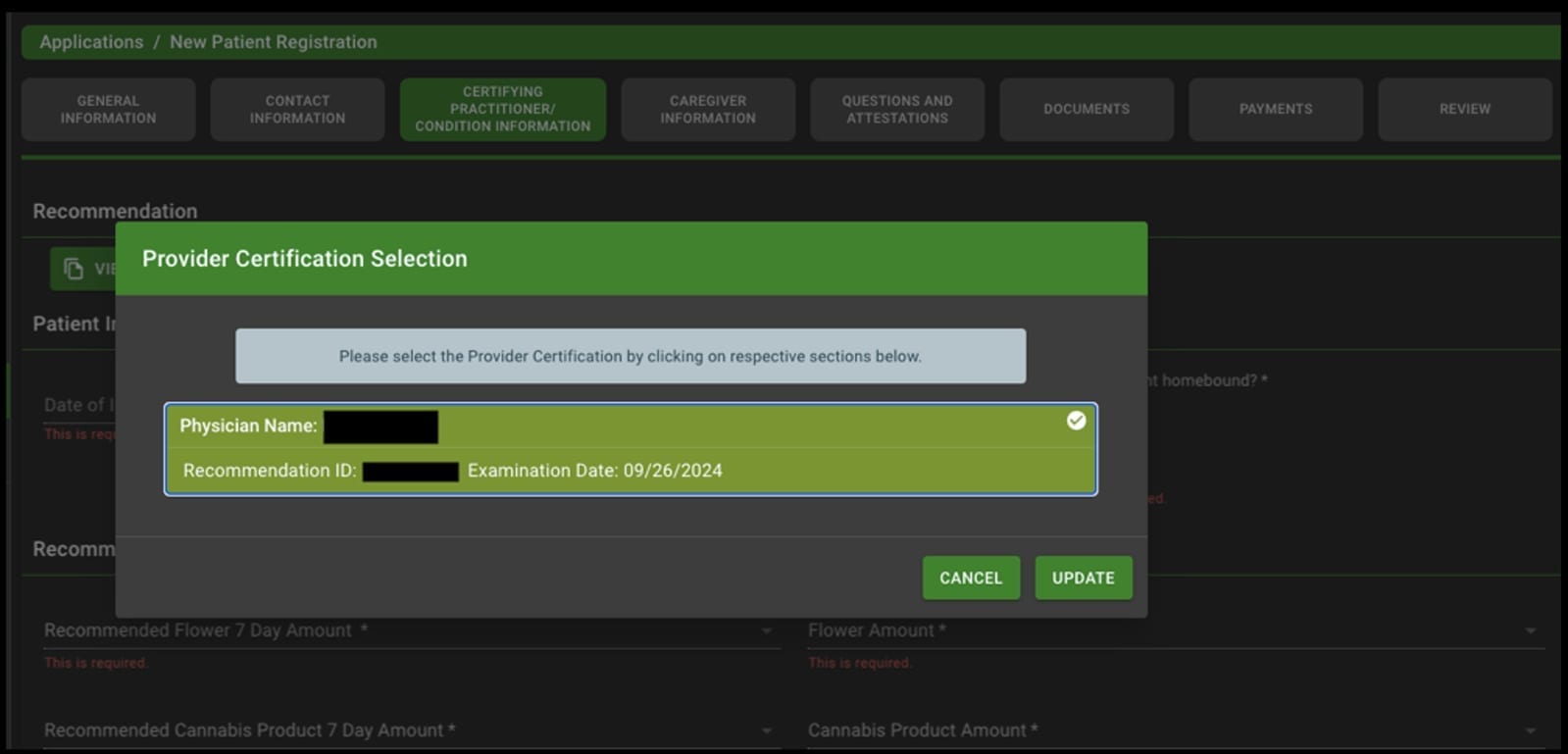 Practitioner certification selection dialog