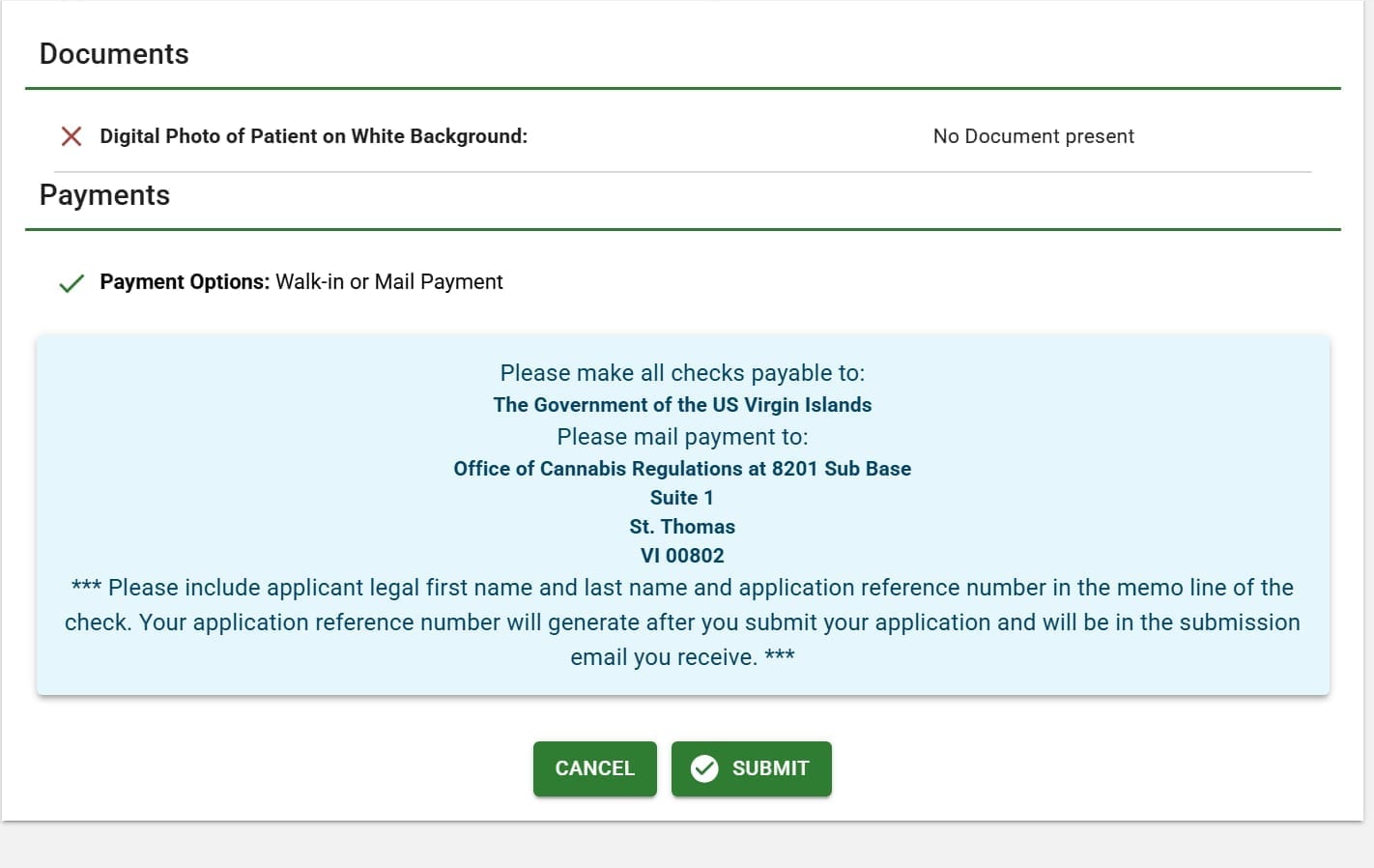 Submit page with mailing address for payment