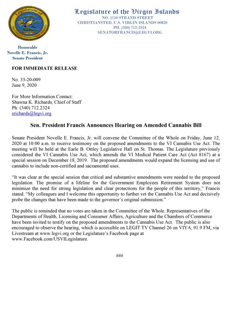 Sen. Francis Press Release - Cannabis Bill Session Friday June 12th, 2020